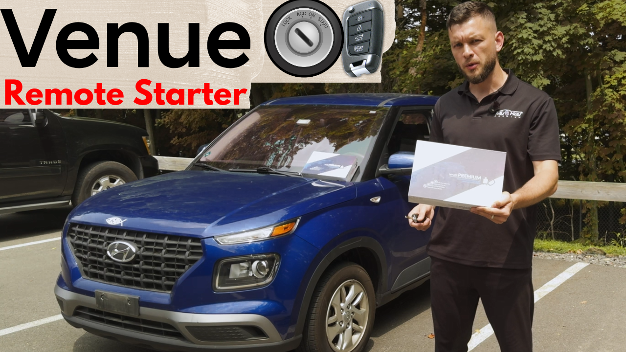 Man holding a remote starter box in front of a blue Hyundai Venue with 'Venue Remote Starter' text overlay.